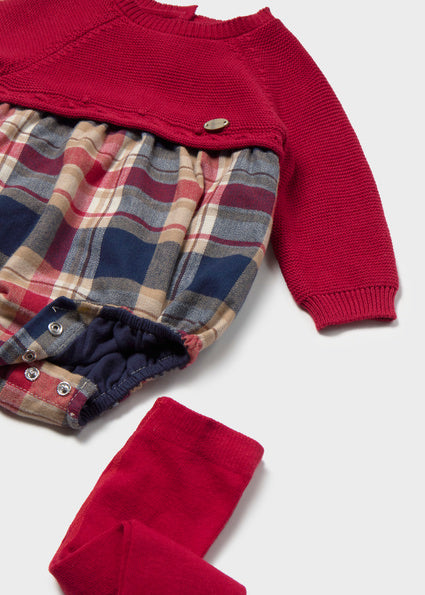 Mayoral Baby Red Tartan Romper with Tights 2681