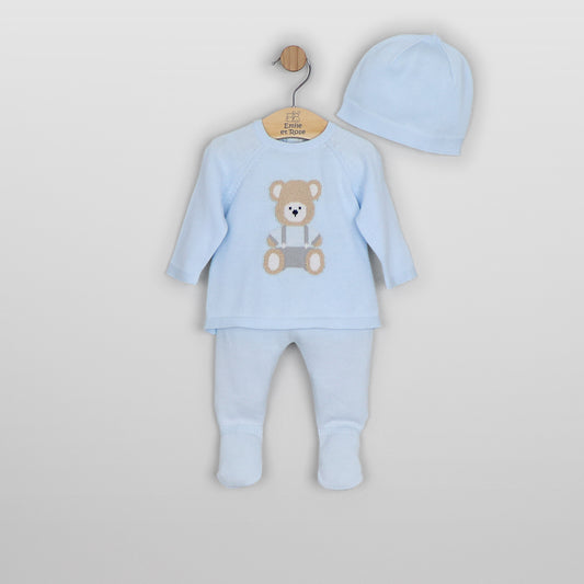 Emile Et Rose Boys Blue Teddy Knitted Two Piece Set & Hat Marco