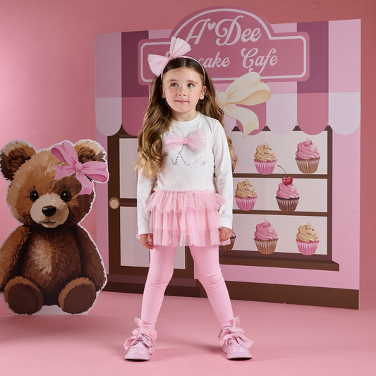 ADee Girls White & Pink Bow Tulle Legging Set Mila