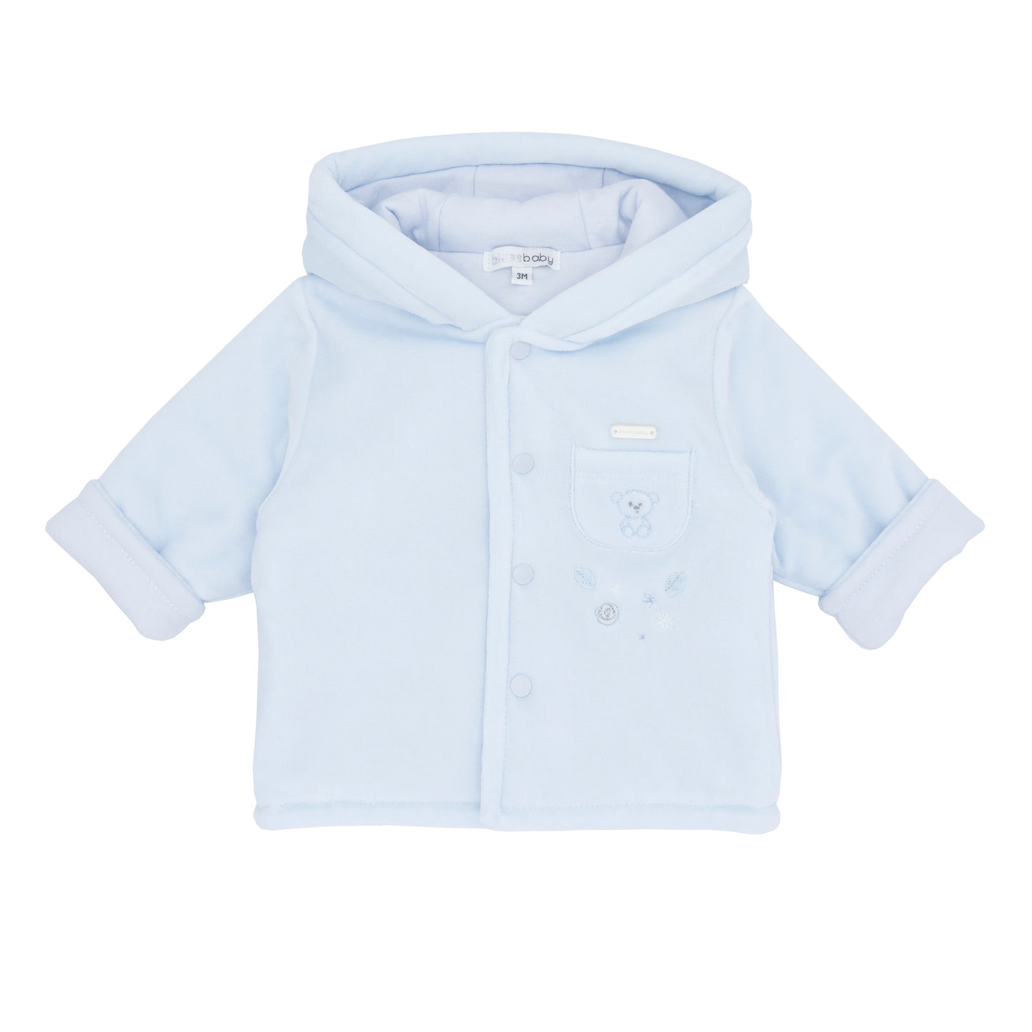 Light blue baby jacket with a hood on a white background