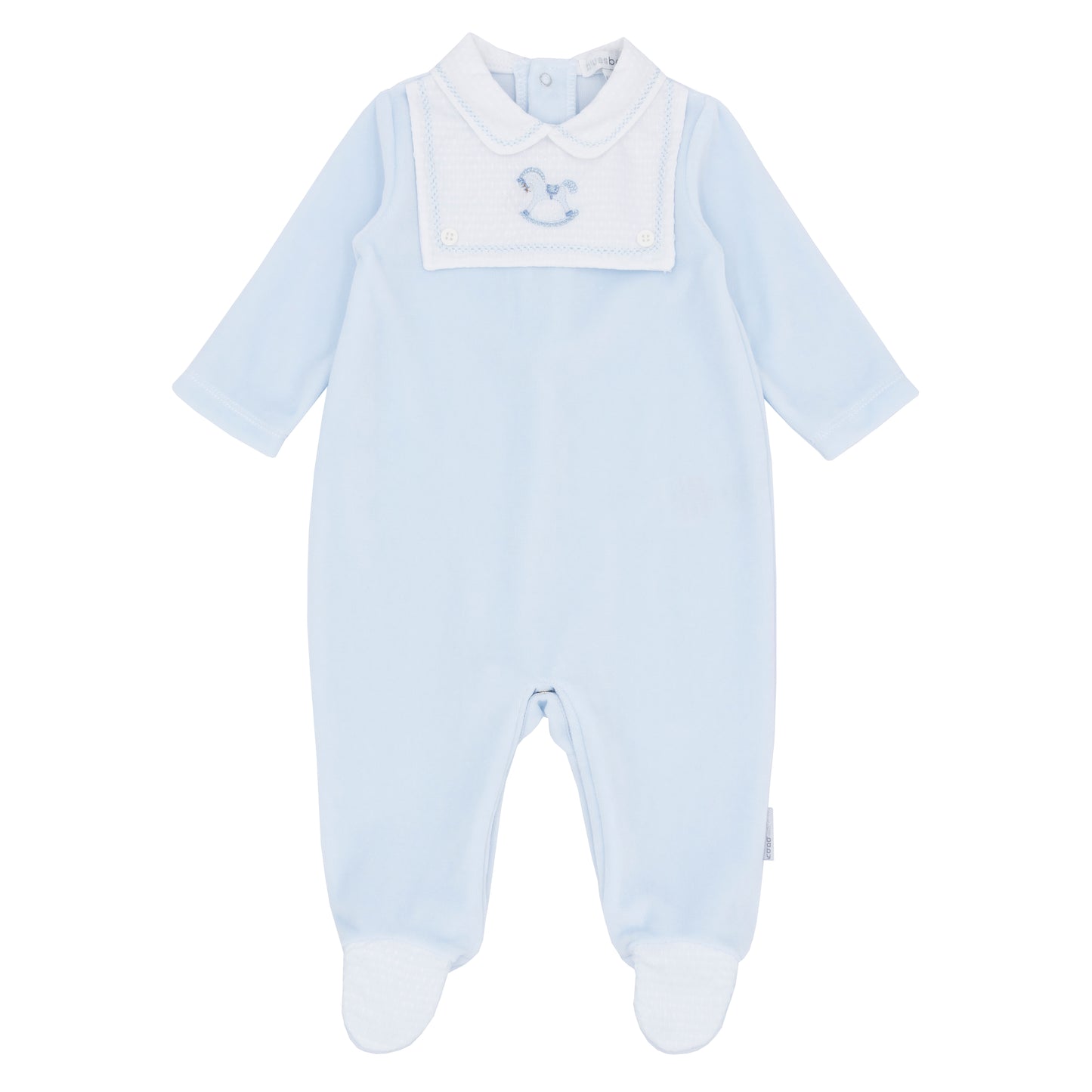 Light blue baby onesie with a white collar on a white background