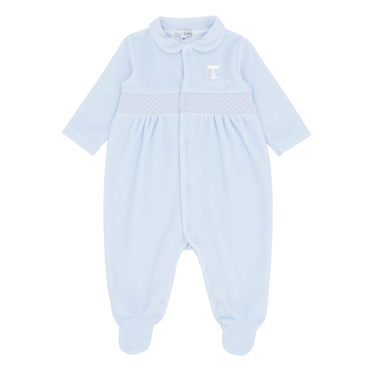 Light blue baby onesie with smocked detail