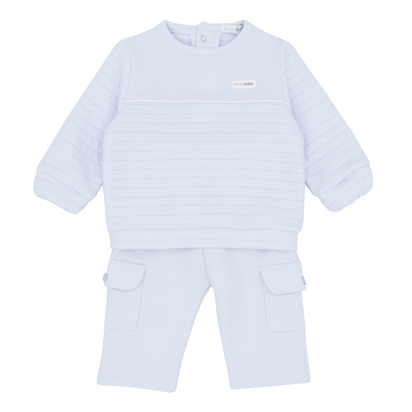Light blue baby outfit with long-sleeve top and pants on a white background
