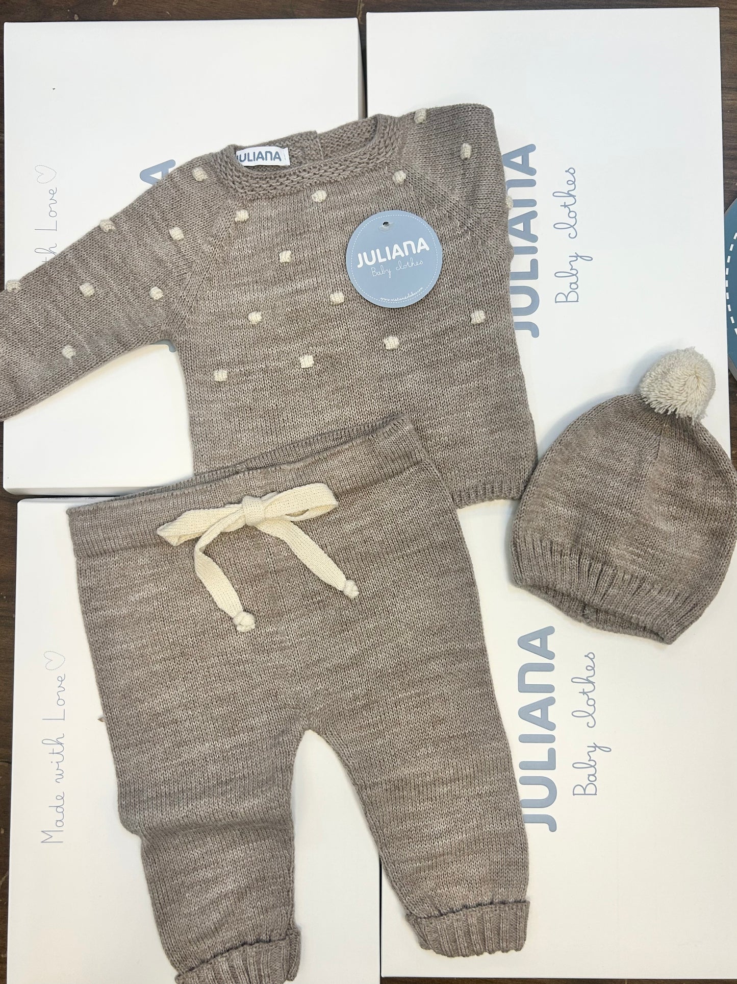Juliana Baby Dark Beige Knitted Bobble 3 Piece Set 26546