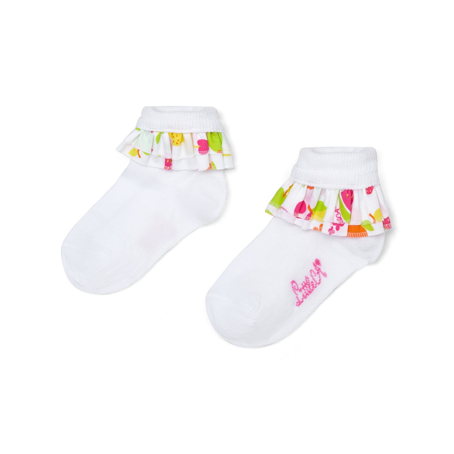 PRE ORDER Little A White Fruit Printed Frill Ankle Sock Poppy