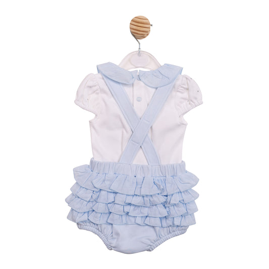 Mintini Baby Girls White & Blue Short Dungaree Set 7120