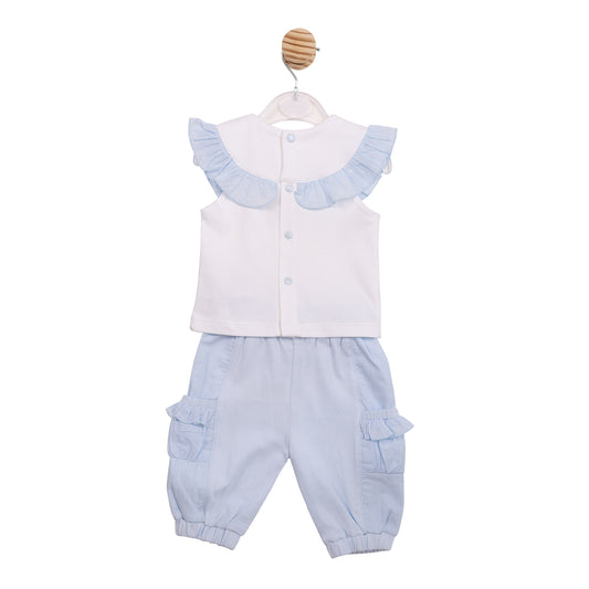 Mintini Baby Girl White & Blue Ruffle Trouser Set 7123
