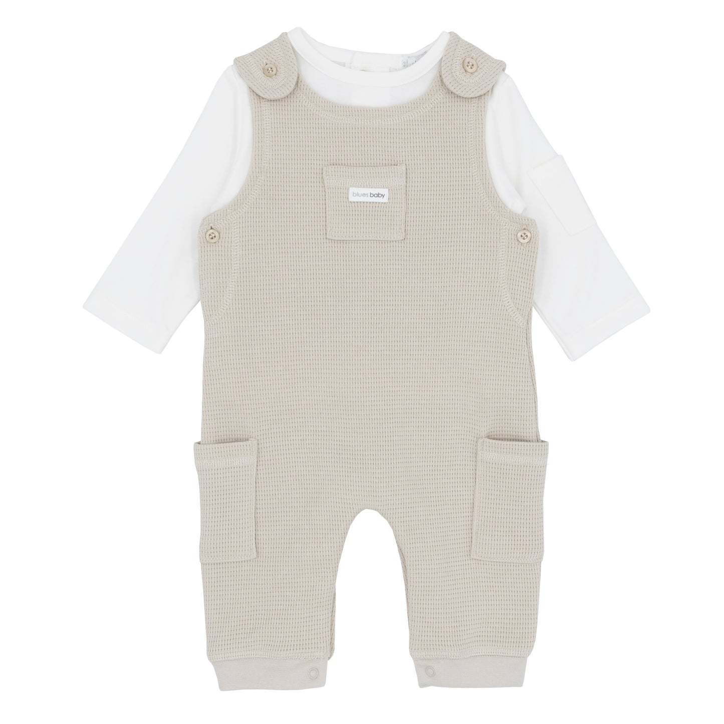 Baby romper with beige checkered pattern and white shirt on a white background