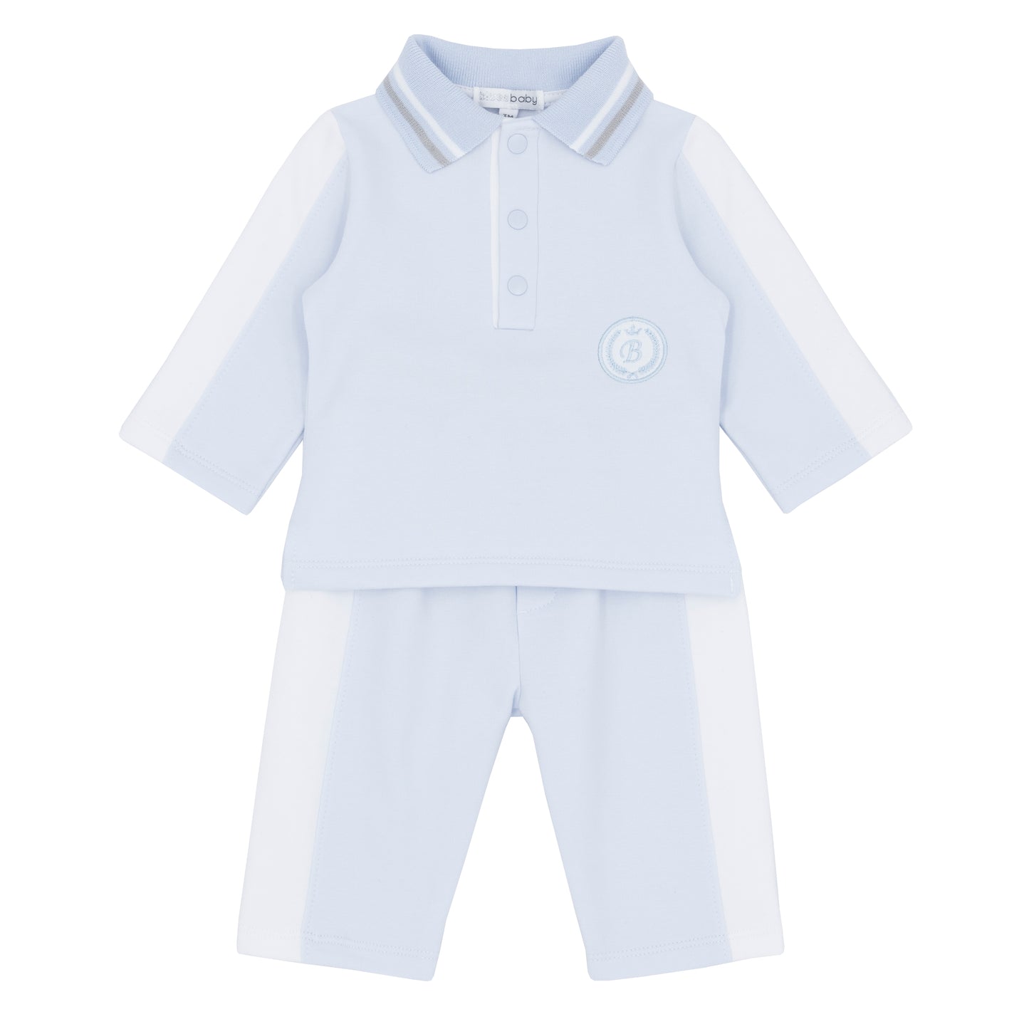 Light blue baby outfit with shirt and pants on a white background