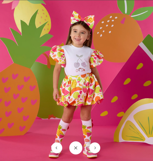 ADee White Tutti Frutti Print PuffBall Skirt Tia