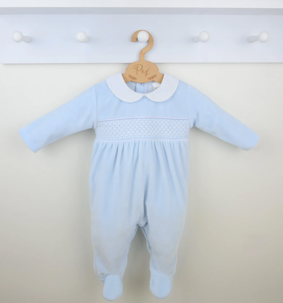 Pex Boys Blue Velour Smocked Babygrow Albert