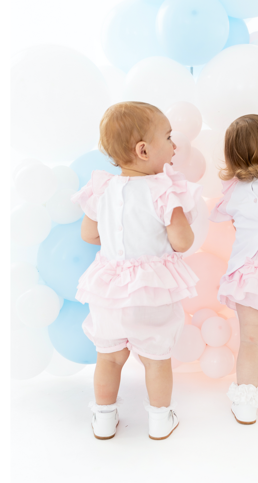 Blues Baby Girls Pale Pink Frilly Romper With Bows BB1832