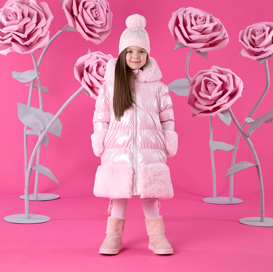 PRE ORDER ADee Girls Pink Long Fur Trim Jacket Aurora