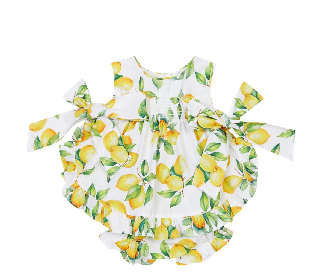 PRE ORDER Deolinda White Lemon Print Dress & Bloomer Set 6323