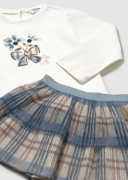 Mayoral Baby Girls Blue Tartan 3 Piece Skirt Set 2922