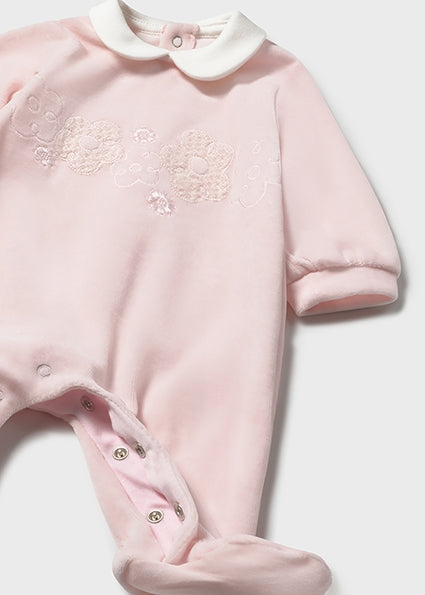 Mayoral Baby Girl Pink Velour Embroidered Babygrow 2701