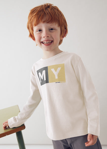 Mayoral Boys Cream Long Sleeved Logo T-Shirt 173