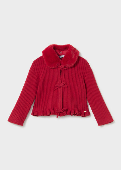 Mayoral Baby Girls Red Faux Fur Collar Cardigan 2386