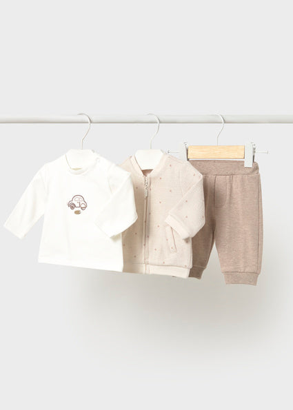  Mayoral Baby Boy Beige 3 Piece Tracksuit  with bomber zip jacket, jogger bottoms and white t-shirt
