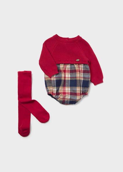 Mayoral Baby Red Tartan Romper with Tights 2681
