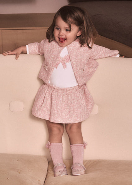 Mayoral Baby Girls Pink Tweed 3 Piece Skirt Set 2954
