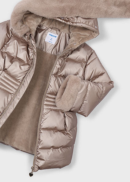 PRE ORDER Mayoral Girls Bronze Metallic Faux Fur Puffer Jacket 4422