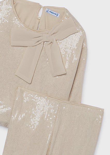 Mayoral Girls Beige Sequined Bow Trouser Set 4528