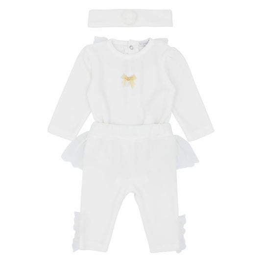 Blues Baby Girls White Velour Tulle Legging Set with Hairband BB1442 image 0