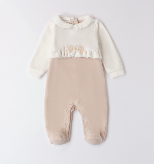 iDo Baby Girls Cream and Beige Velour Frilly Flower Babygrow A239 image 0