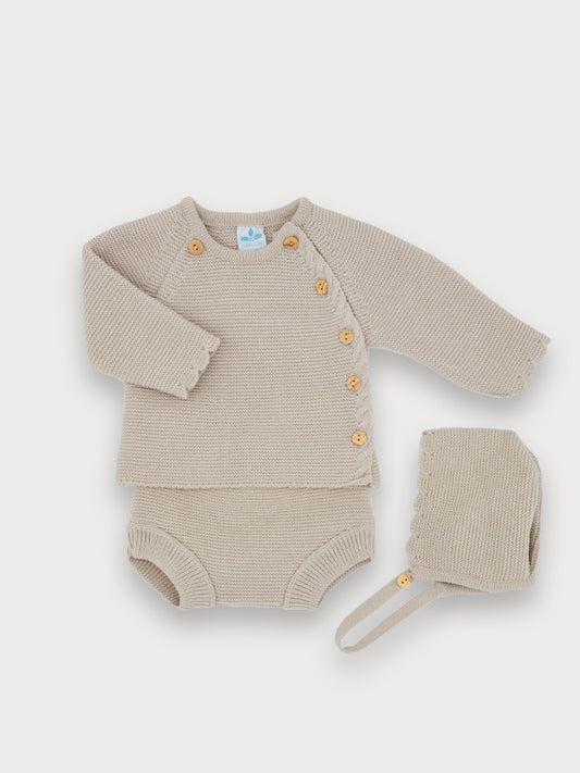 Sardon Baby Beige Knitted Two Piece Pant Set With Hat 345 image 0