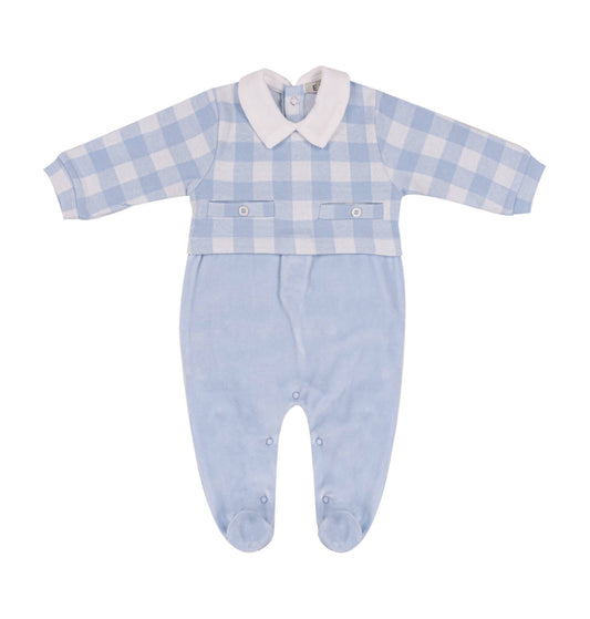 EMC Baby Boys Blue Checked Velour Babygrow 6502 image 0