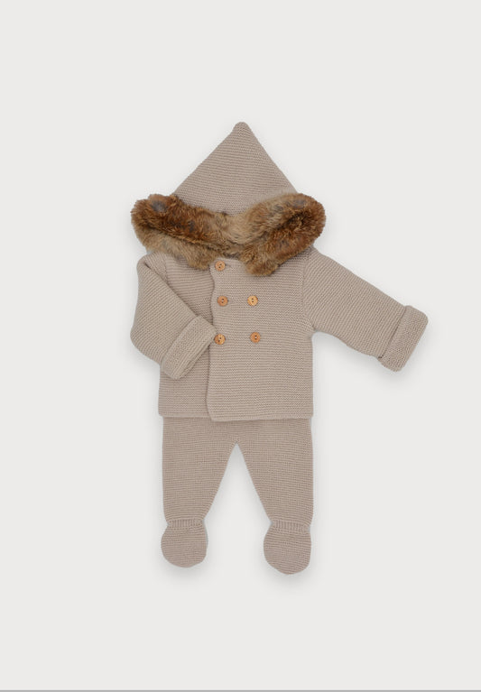 Sardon Baby Unisex Knitted Beige Hooded Two Piece Set 316SP image 0