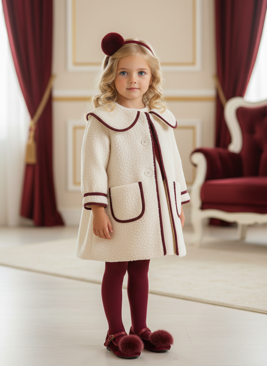 PRE ORDER Be Chic Girls Ivory Boucle Coat With Burgundy Bow 819C
