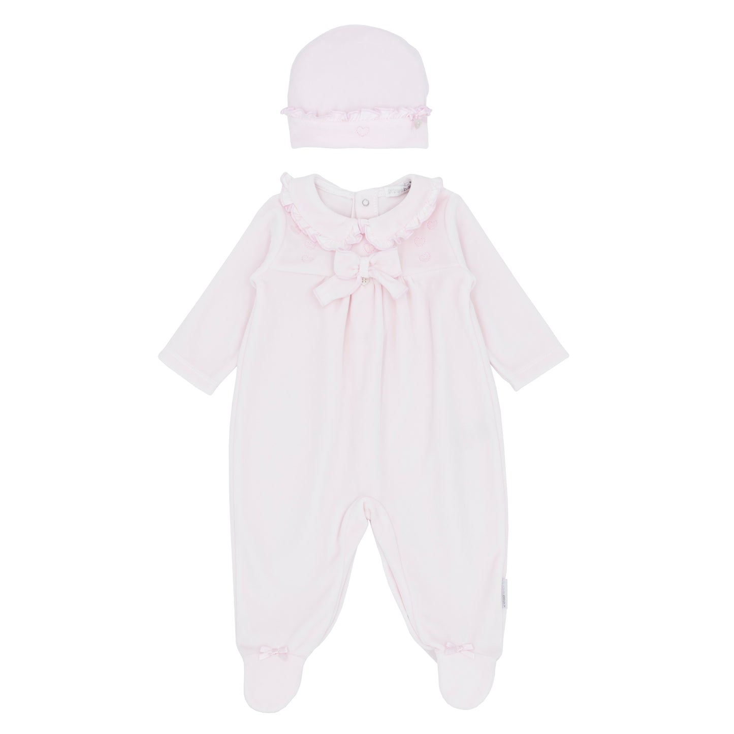 Blues Baby Girls Pink Velour Bow Babygrow with Hat BB2069