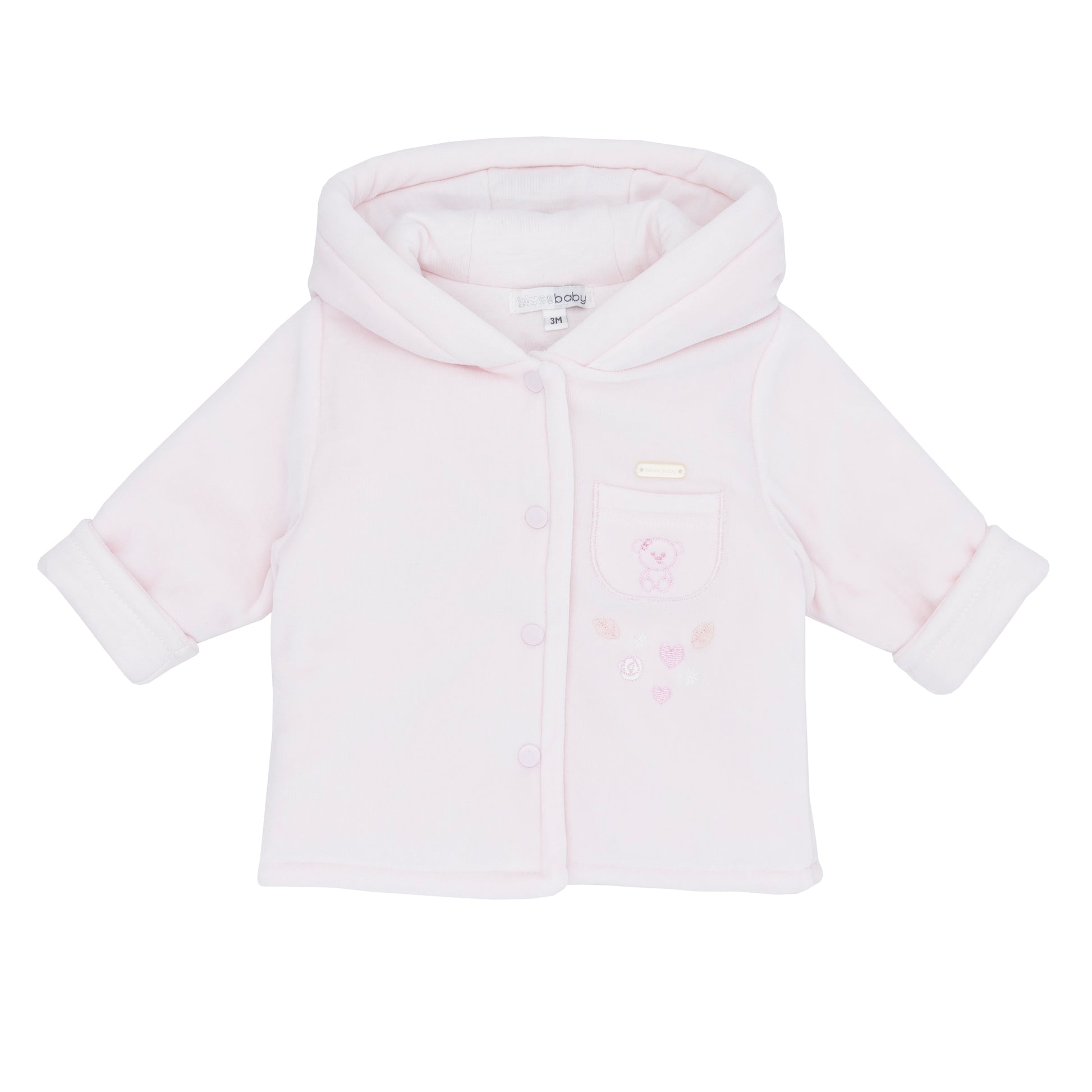 Light pink baby jacket with a hood on a white background