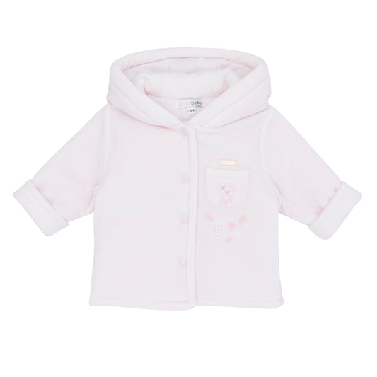 Light pink baby jacket with a hood on a white background