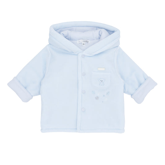 Light blue baby jacket with a hood on a white background