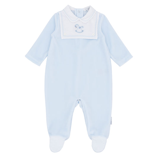 Light blue baby onesie with a white collar on a white background