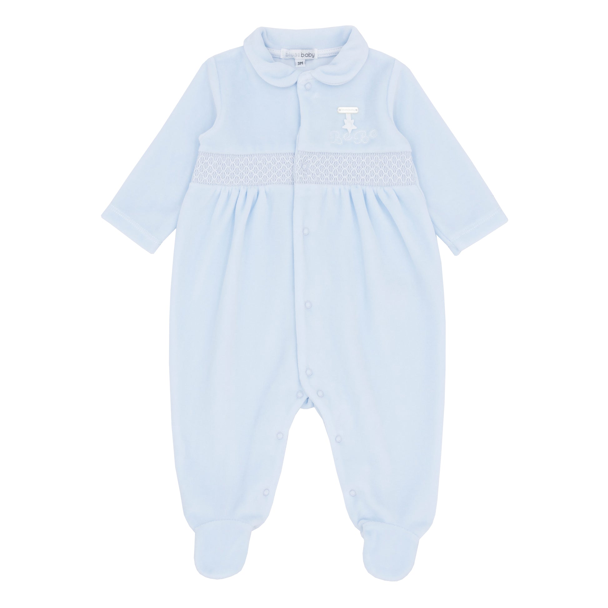 Light blue baby onesie with smocked detail 