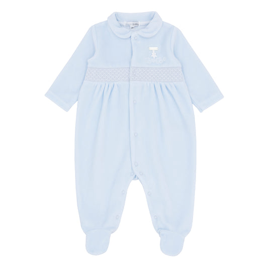 Light blue baby onesie with smocked detail 