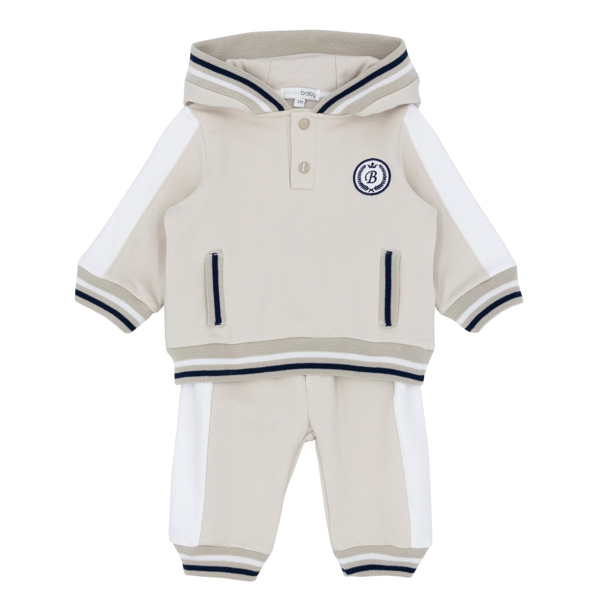 Children's beige and white outfit with a logo 