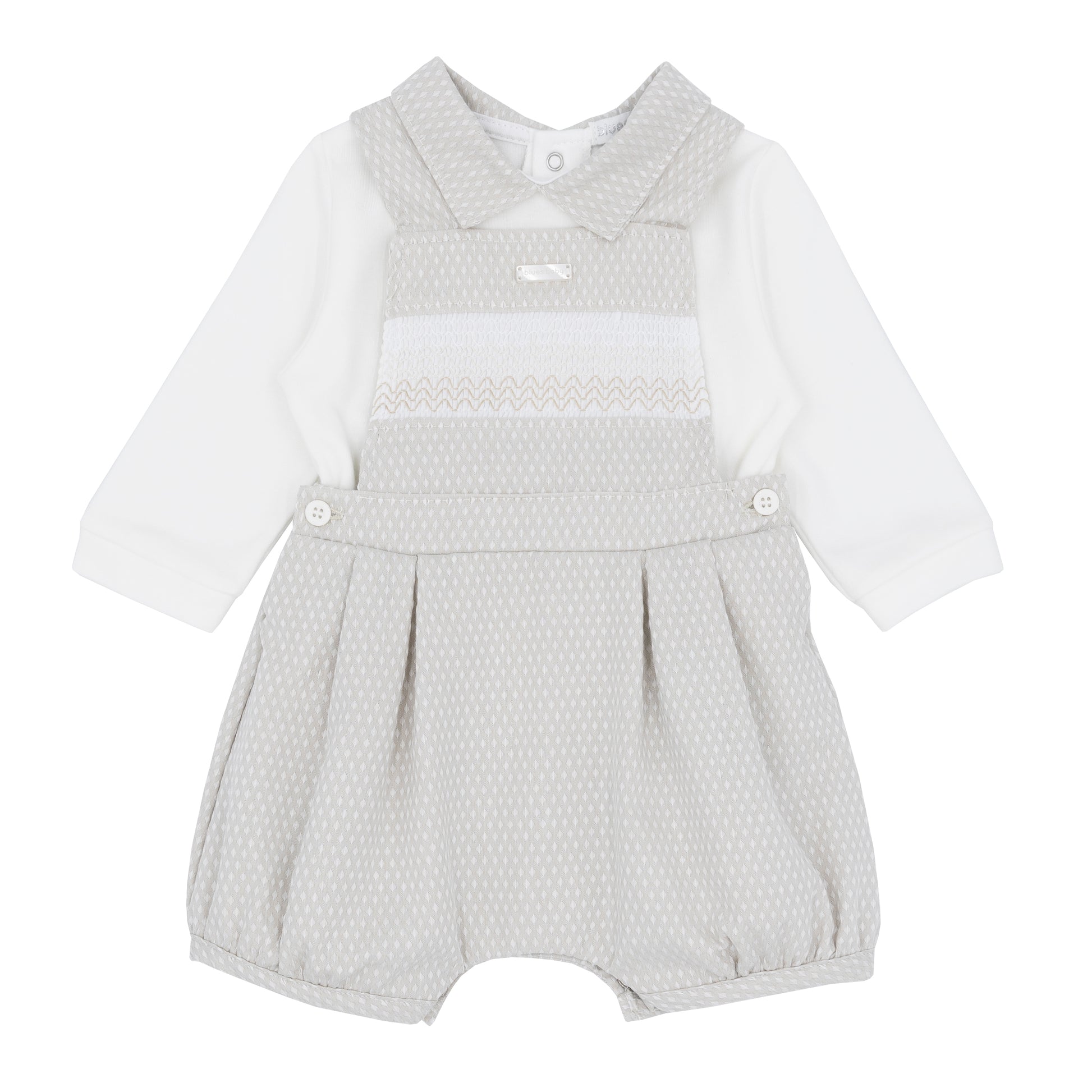 baby boys beige smock dungaree short romper glasgow baby boutique