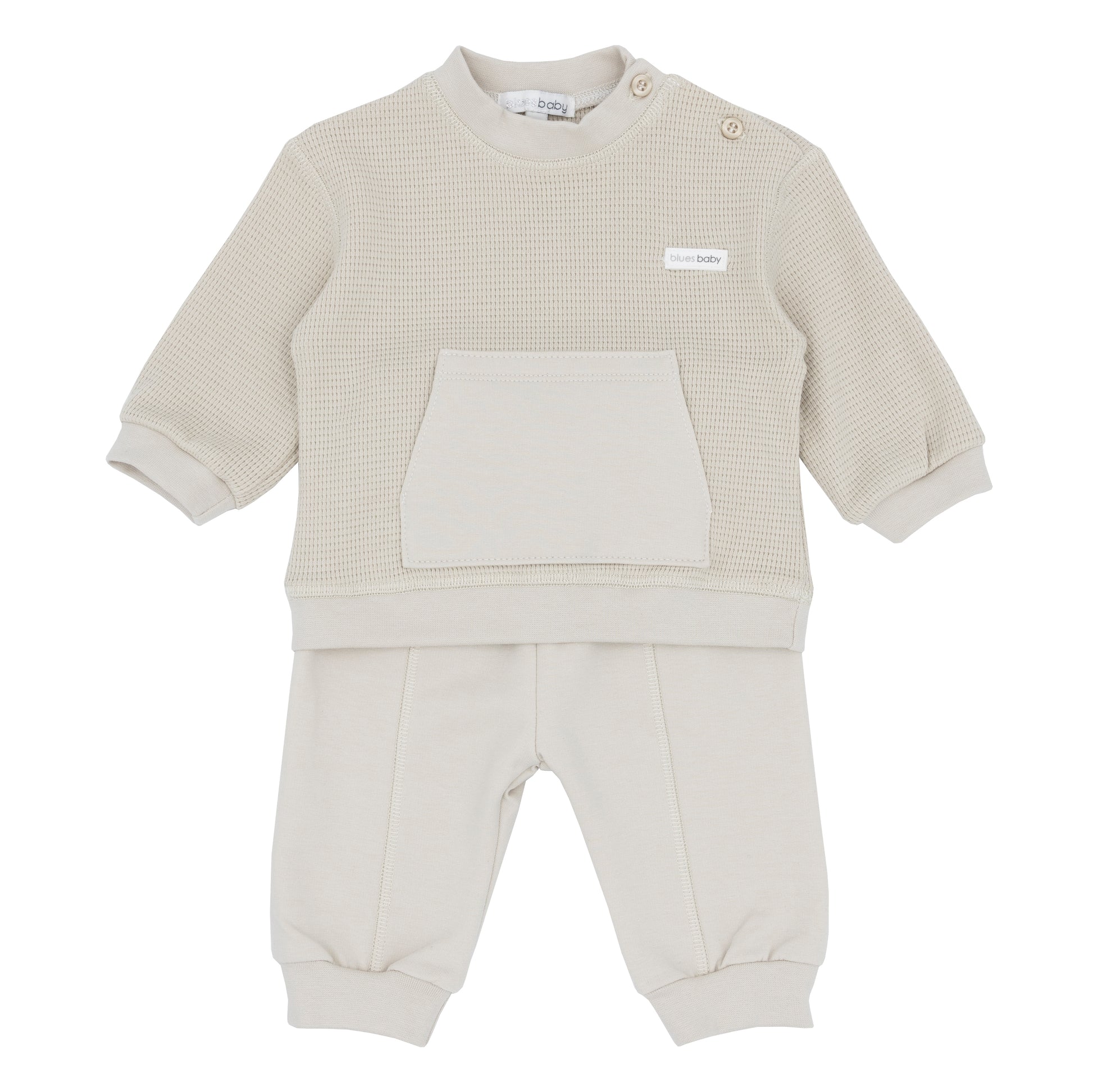 Beige baby boy outfit with long-sleeve top and pants 