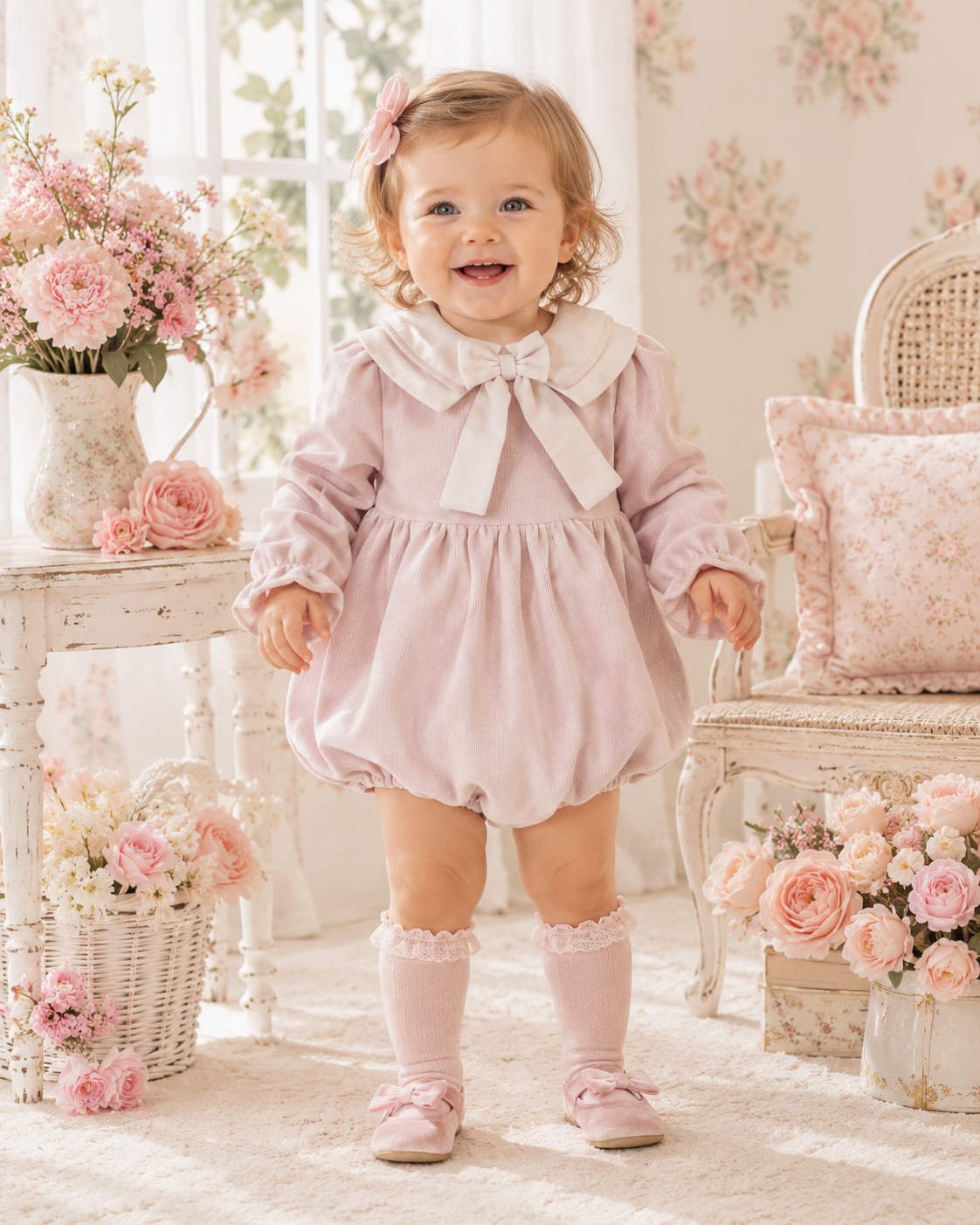 PRE ORDER Be Chic Girls Pink Cord Bow Romper 821R