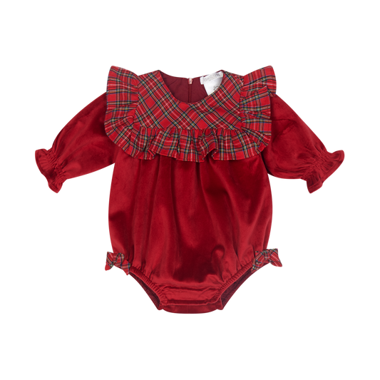PRE ORDER Deolinda Baby Girl Red Velour Tartan Romper 6508