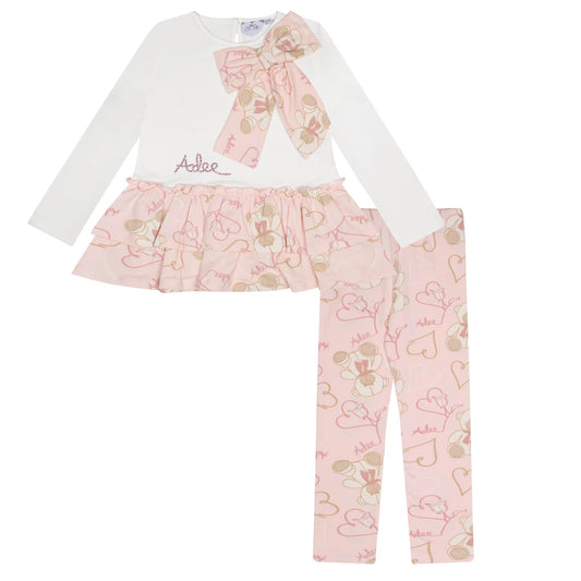 ADee Girls White Teddy Print Frill Legging Set Summer