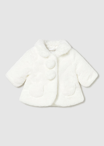 Mayoral Baby Girl White Fur Pom Coat 2402
