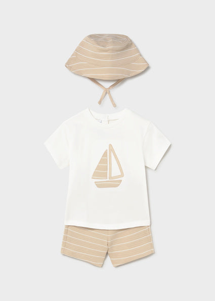 Mayoral Baby Boys Cream Stripe Short Set & Hat 1666