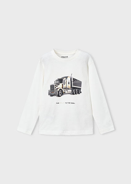 Mayoral Boys Off White Long Sleeved Truck T-Shirt 4085