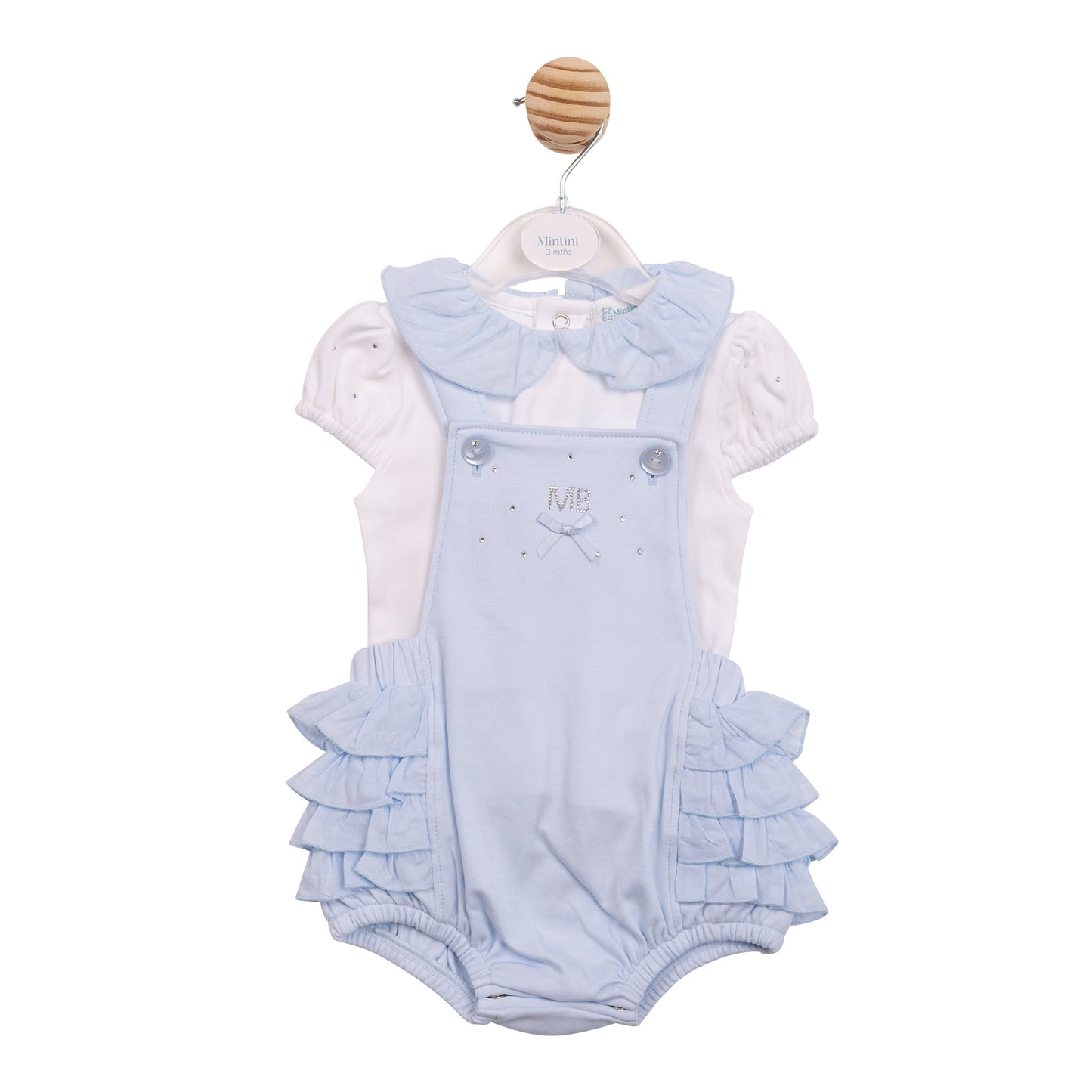Mintini Baby Girls White & Blue Short Dungaree Set 7120